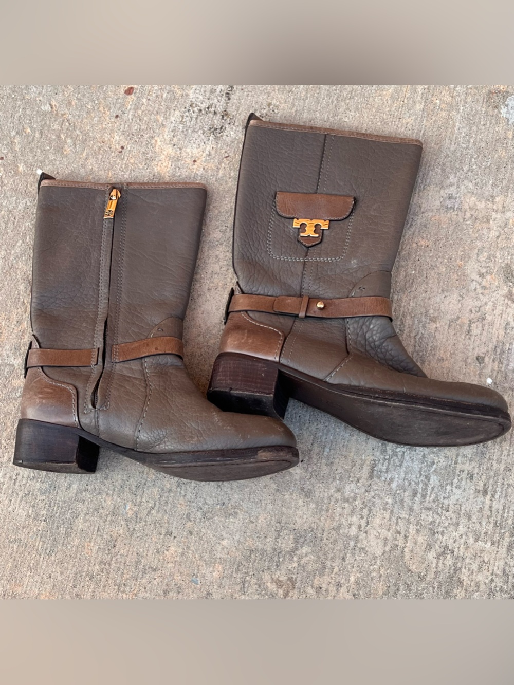 Tory Burch Leona Brown and Taupe Leather Mid-Calf Boots with Logo Plaque Size 8